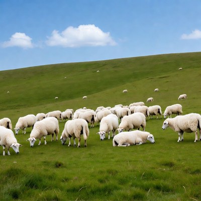 Herd of sheep grazing on green hill
