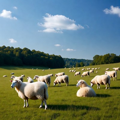 Herd of sheep grazing green field