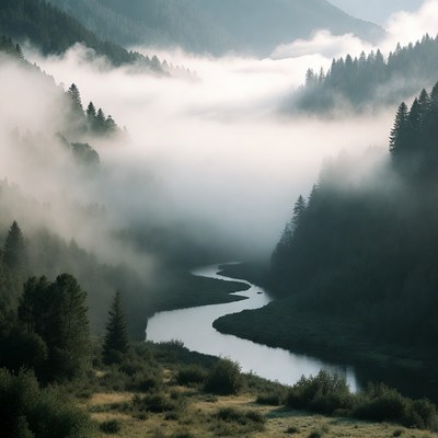 Misty River in Forested Mountains