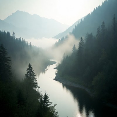 Misty River in Forested Mountains
