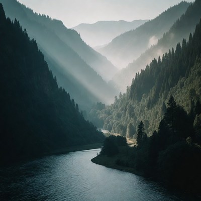Foggy River Winding Through Forested Mountains