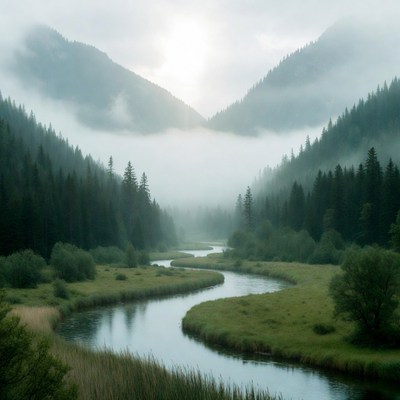Foggy River in Mountain Valley