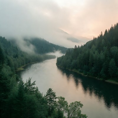Misty River Winding Through Forested Mountains
