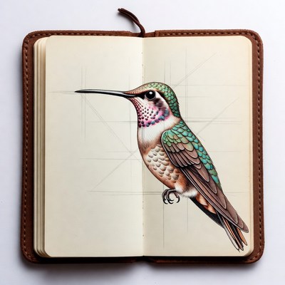 Hummingbird sketch in leather sketchbook