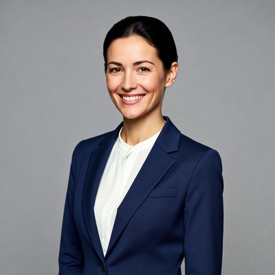 Smiling woman in navy blue suit