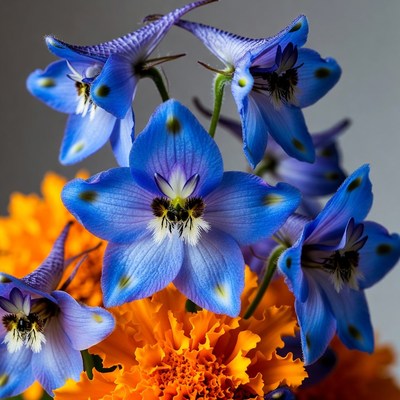 Blue Larkspur Flowers with Orange Daisies