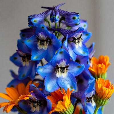 Blue Delphinium and Orange Marigold Flowers