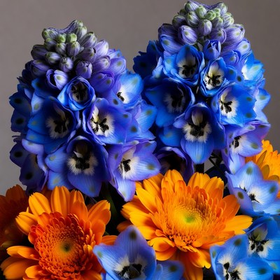 Blue Delphinium and Orange Gerbera Flowers