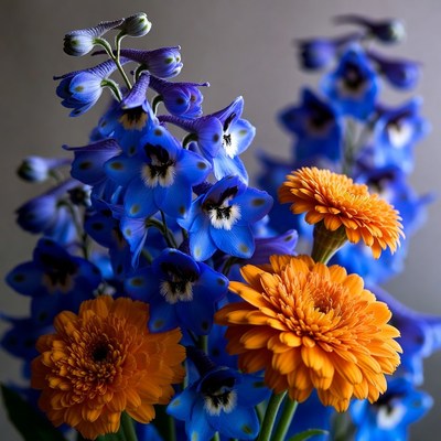 Blue Delphinium and Orange Gerbera Flowers