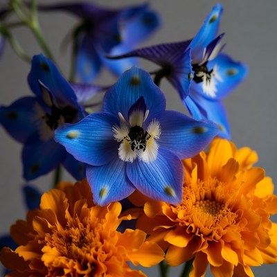 Blue Spider Flowers with Orange Daisies