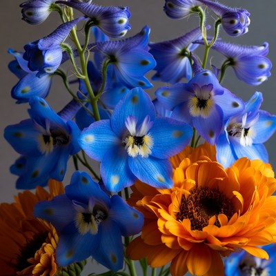 Blue Delphinium and Orange Gerbera Flowers