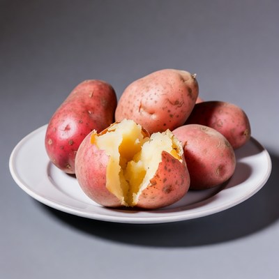 Split red potatoes on white plate
