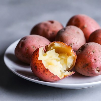Cut open red potatoes on plate