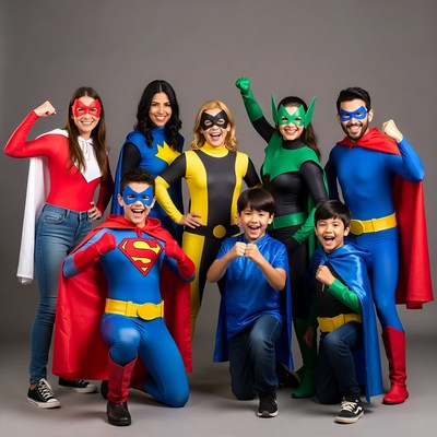 Family in superhero costumes posing together