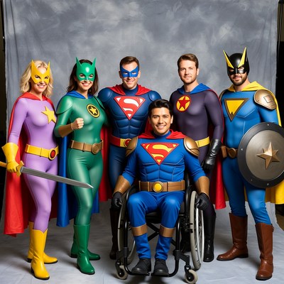 Group in superhero costumes on gray backdrop