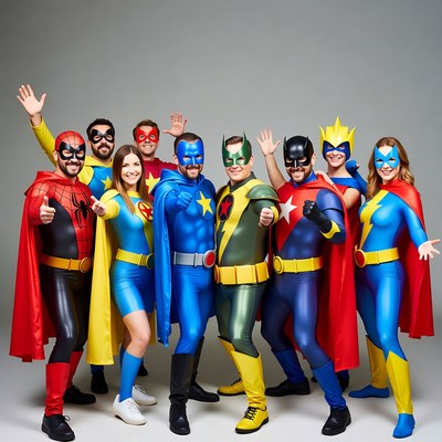 Group in superhero costumes posing together