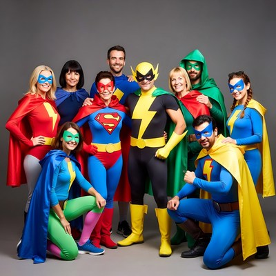 Group in superhero costumes posing together