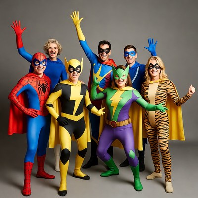 Group in superhero costumes posing