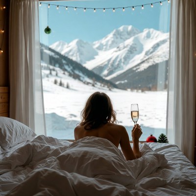 Nude woman toasting champagne snowy mountains
