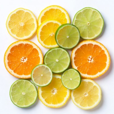 Sliced Oranges and Limes on White