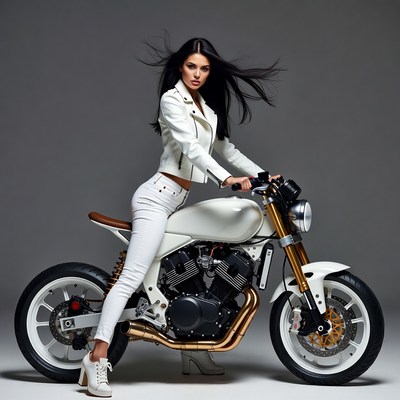 Woman posing on white motorcycle