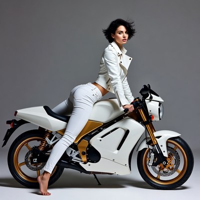 Woman posing on white motorcycle
