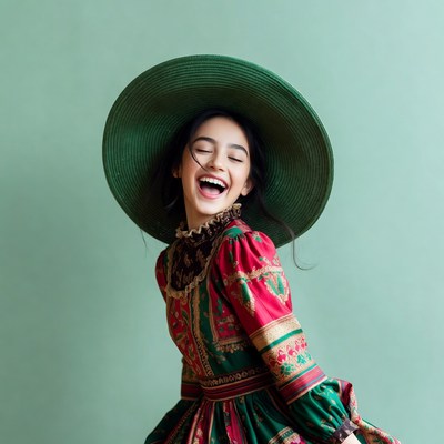 Girl laughing in green hat and red dress