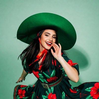 Woman in green hat and red floral dress