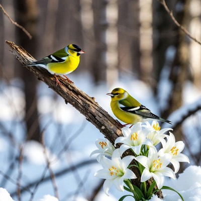 Two Goldfinches on Branch with Lilies