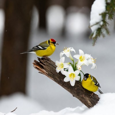 Two Goldfinches on Lilies in Snow