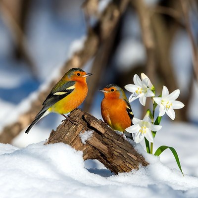 Two Bullfinches on Snowy Log with Snowdrops