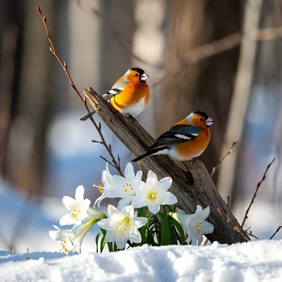 Two Bullfinches on Branch with Lilies