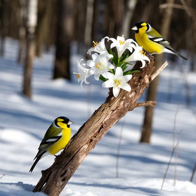Two goldfinches on snowy branch with lilies