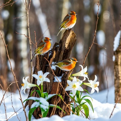 Three Bullfinches on Snowy Log with Lilies