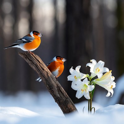 Two Bullfinches on Log with Lilies