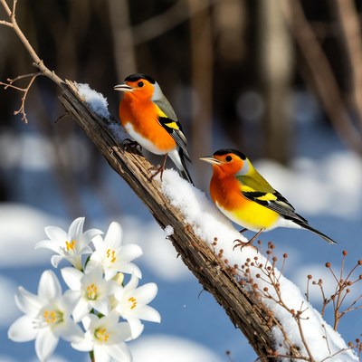 Two Eurasian Bullfinches on Snowy Branch