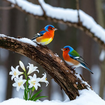 Two Colorful Birds on Snowy Branch