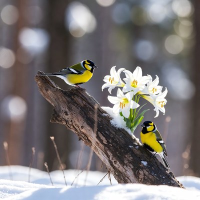 Two Goldfinches on Snowy Log with Lilies
