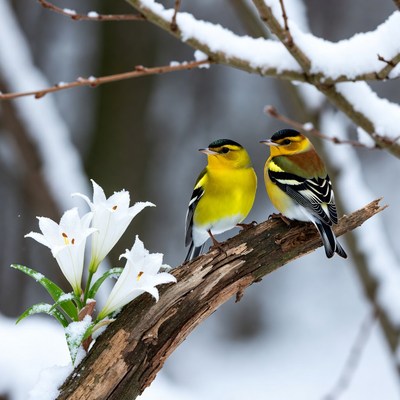 Two Goldfinches on Snowy Branch with Lilies