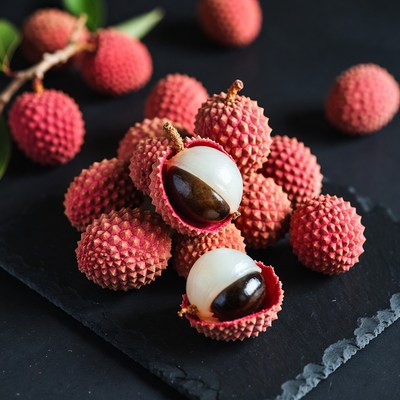 Fresh Lychees on Black Slate