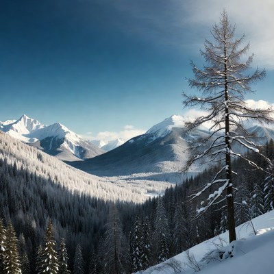 Snowy Pine Tree in Mountain Valley