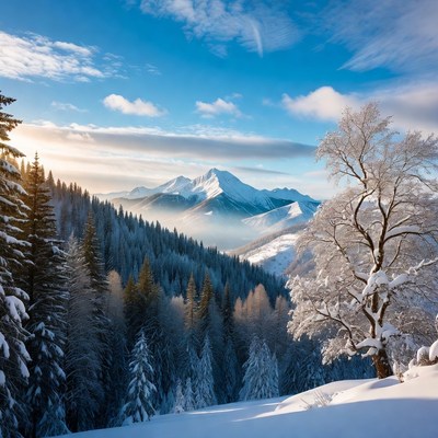 Snowy Mountains with Pine Forest