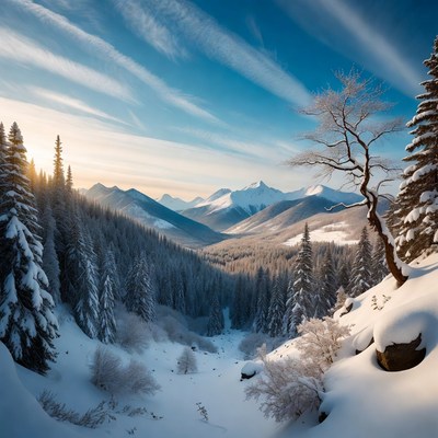 Snowy Mountain Valley with Pine Trees