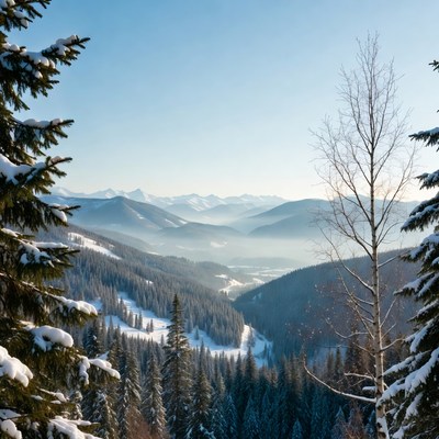 Snowy Mountain Valley with Pine Trees