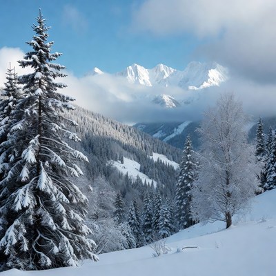 Snowy Pine Trees and Alpine Mountains