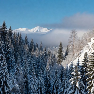 Snowy Pine Forest and Snowcapped Mountains