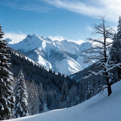 Snowy Mountains with Pine Trees