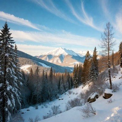 Snowy Mountains with Pine Forest