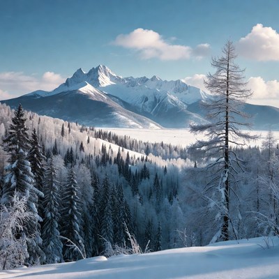 Snowy Mountains with Pine Trees