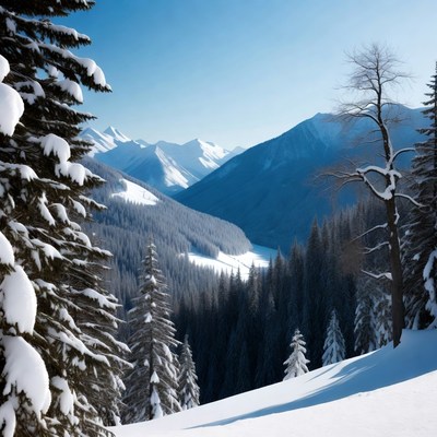Snowy Mountain Valley with Pine Trees